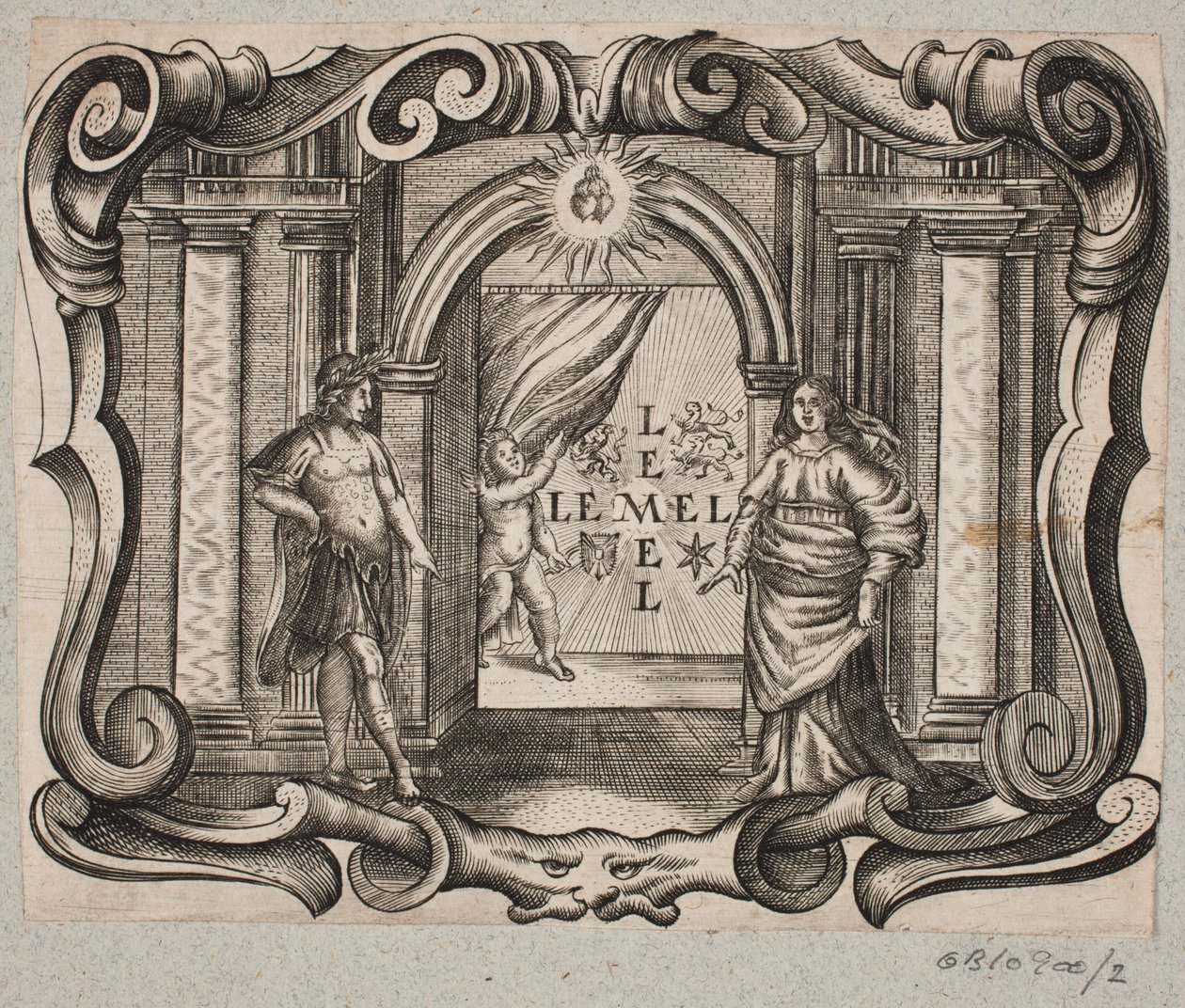 Emblem mit Portal, Mann und Frau, Amor und zwei brennenden Herzen von Christian Rothgiesser