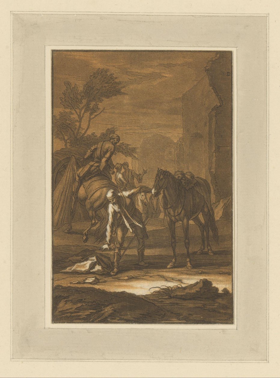 Mann neben Pferd bückt sich, um etwas vom Boden aufzuheben (Serie: Reiter, Pferde und Schlachten) von Christian Rugendas
