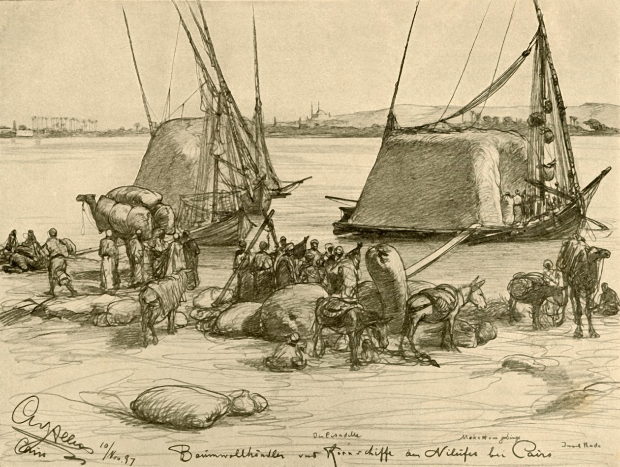 Baumwolle auf Getreideboote laden, Nil, Kairo, Ägypten von Christian Wilhelm Allers