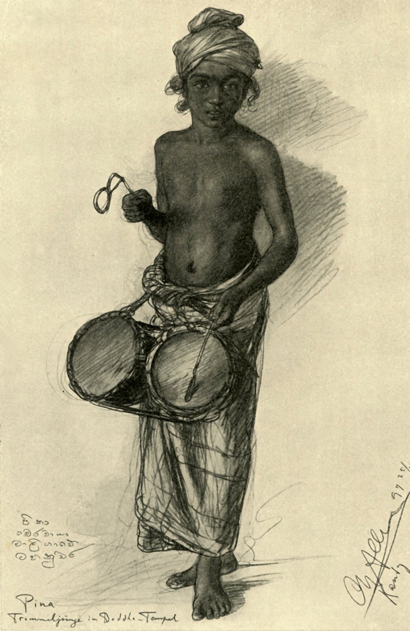 Pina - Trommlerjunge in einem buddhistischen Tempel, Kandy, Ceylon, 1898 von Christian Wilhelm Allers
