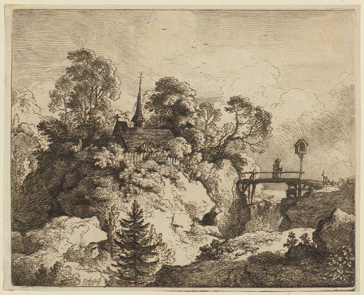 Eine Landschaft mit einem Einsiedler auf einer Brücke von Christian Wilhelm Ernst Dietrich