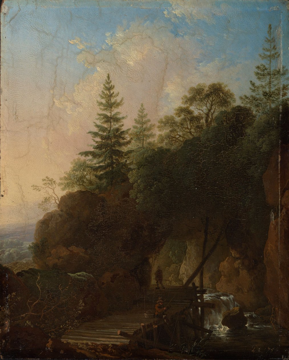 Gebirgslandschaft mit Wasserfall und hölzerner Brücke von Christian Wilhelm Ernst Dietrich