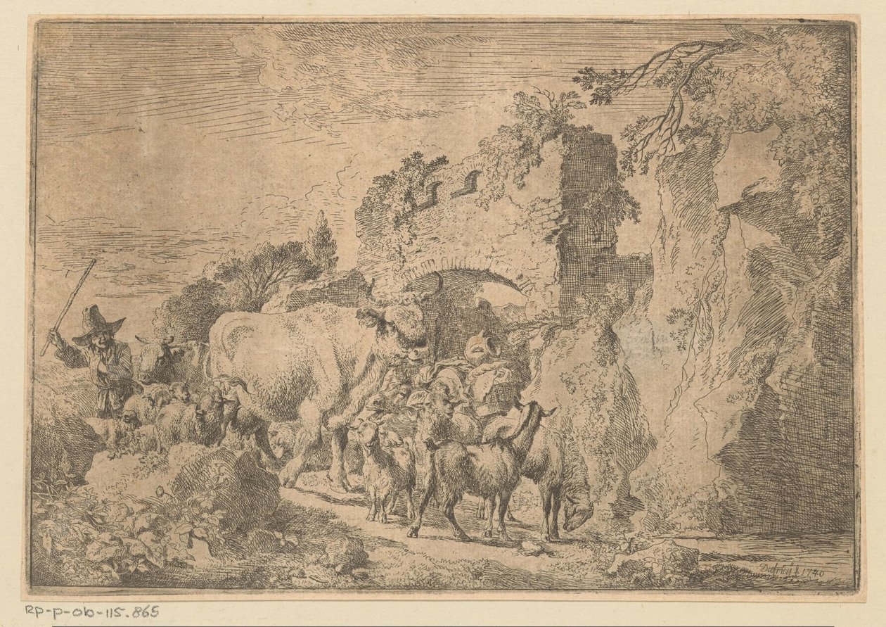 Hirte mit Herde bei einer Ruine von Christian Wilhelm Ernst Dietrich