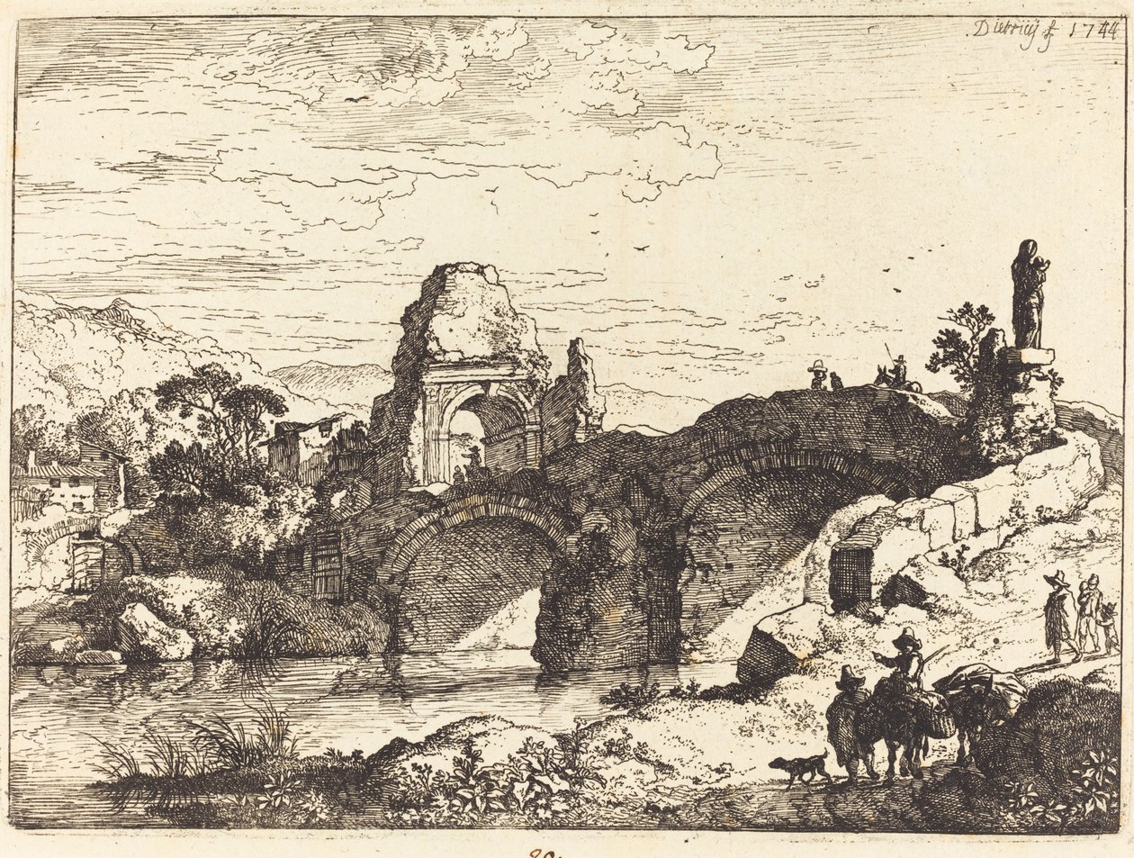 Landschaft mit einer Brücke und einem Ruinenturm von Christian Wilhelm Ernst Dietrich