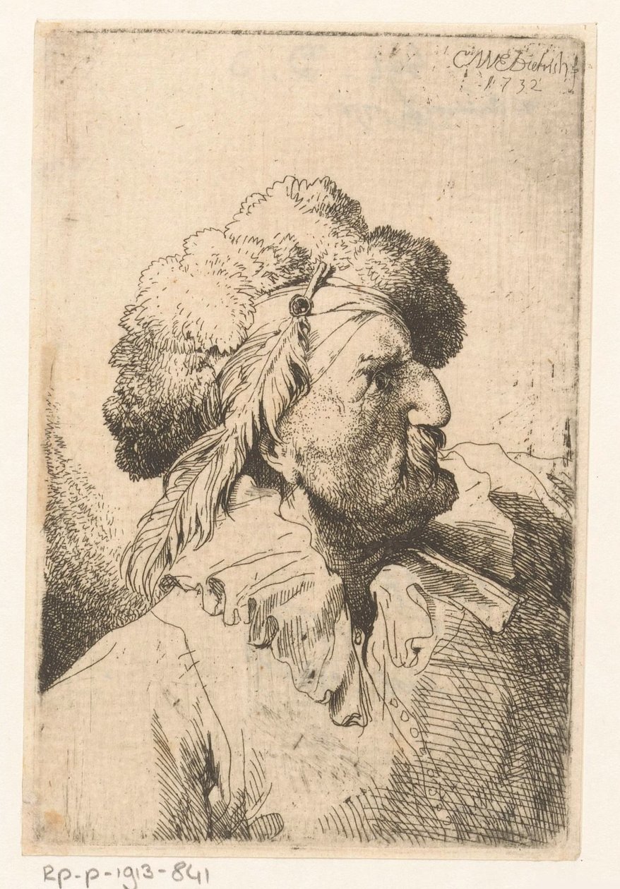 Mann mit Pelzmütze und Feder von Christian Wilhelm Ernst Dietrich