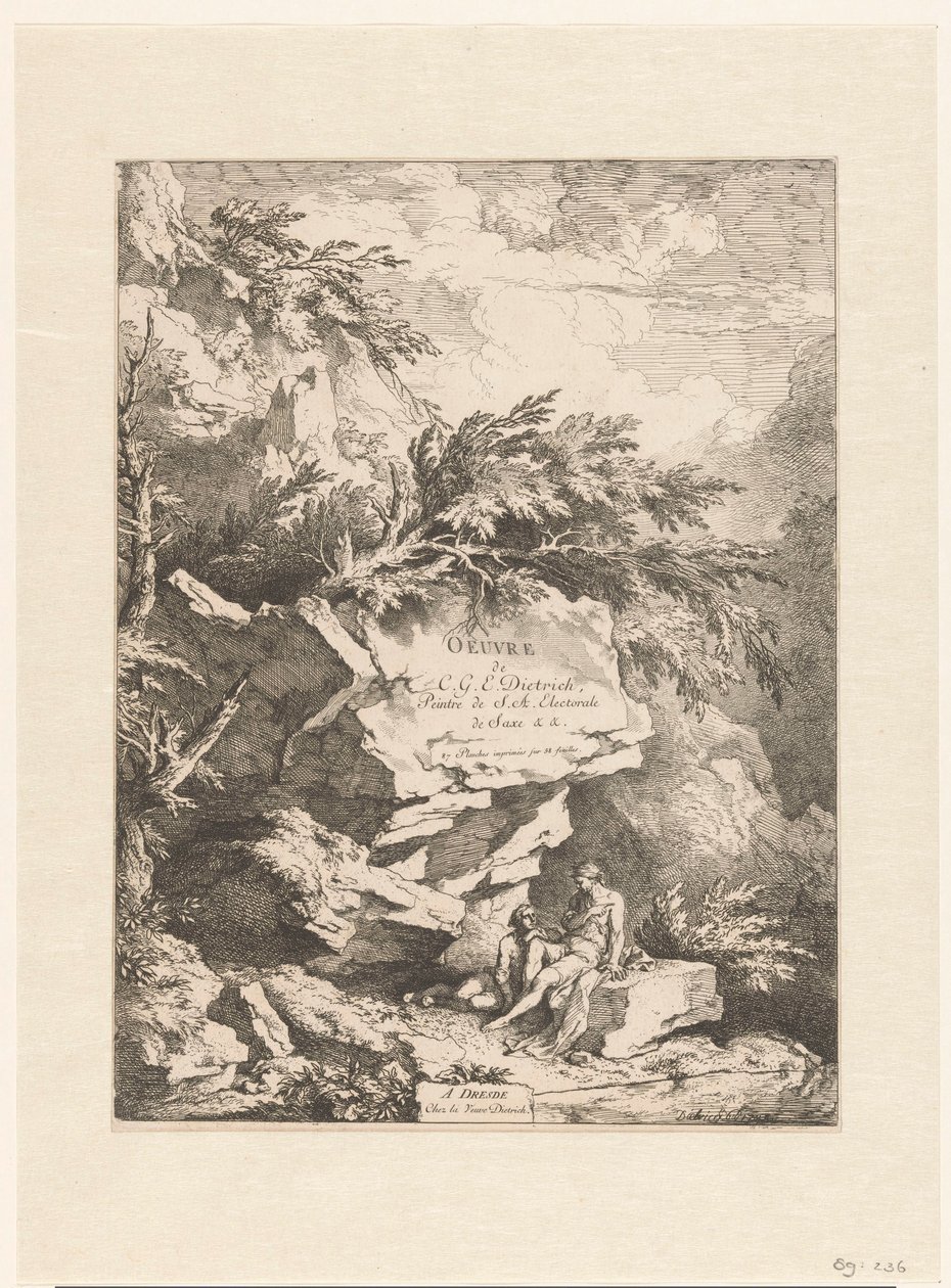 Felsenlandschaft mit zwei Figuren, die auf einem Stein ruhen (Oeuvre von C. G. E. Dietrich) von Christian Wilhelm Ernst Dietrich