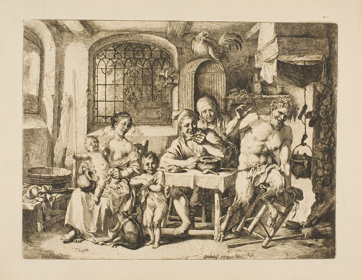Satyr in einem Bauernhaus, im Stil von Jordaens von Christian Wilhelm Ernst Dietrich
