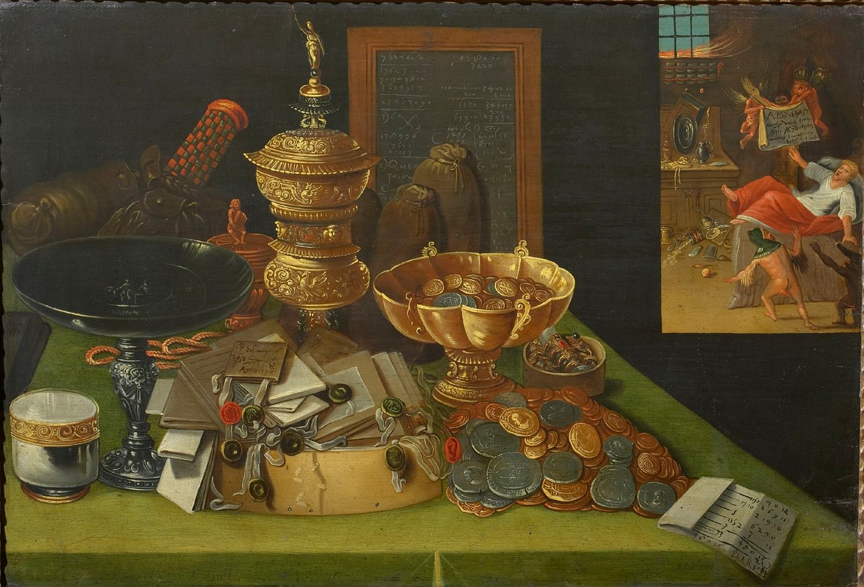 Allegorie des weltlichen Reichtums mit der Szene des Todes des reichen Mannes, ca. 1600 von Christian van den Perre