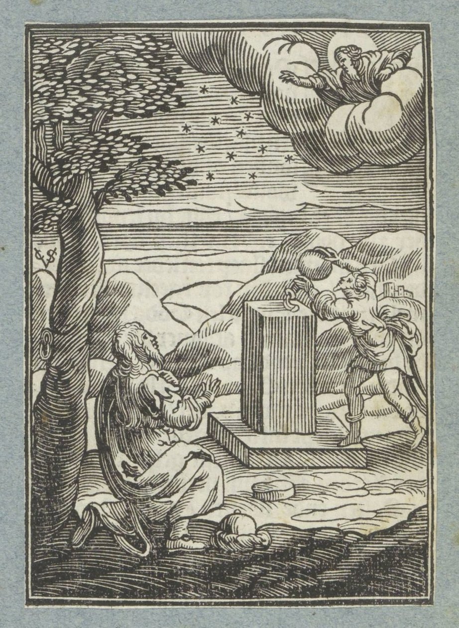 Gottes Bund mit Abraham; Jakob salbt den Stein, auf dem er geschlafen hat von Christoffel van Sichem (II)