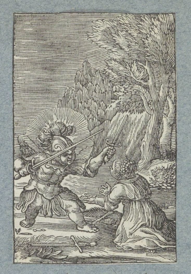 Kind ergibt sich einem Engel gekleidet als Ritter von Christoffel van Sichem (II)