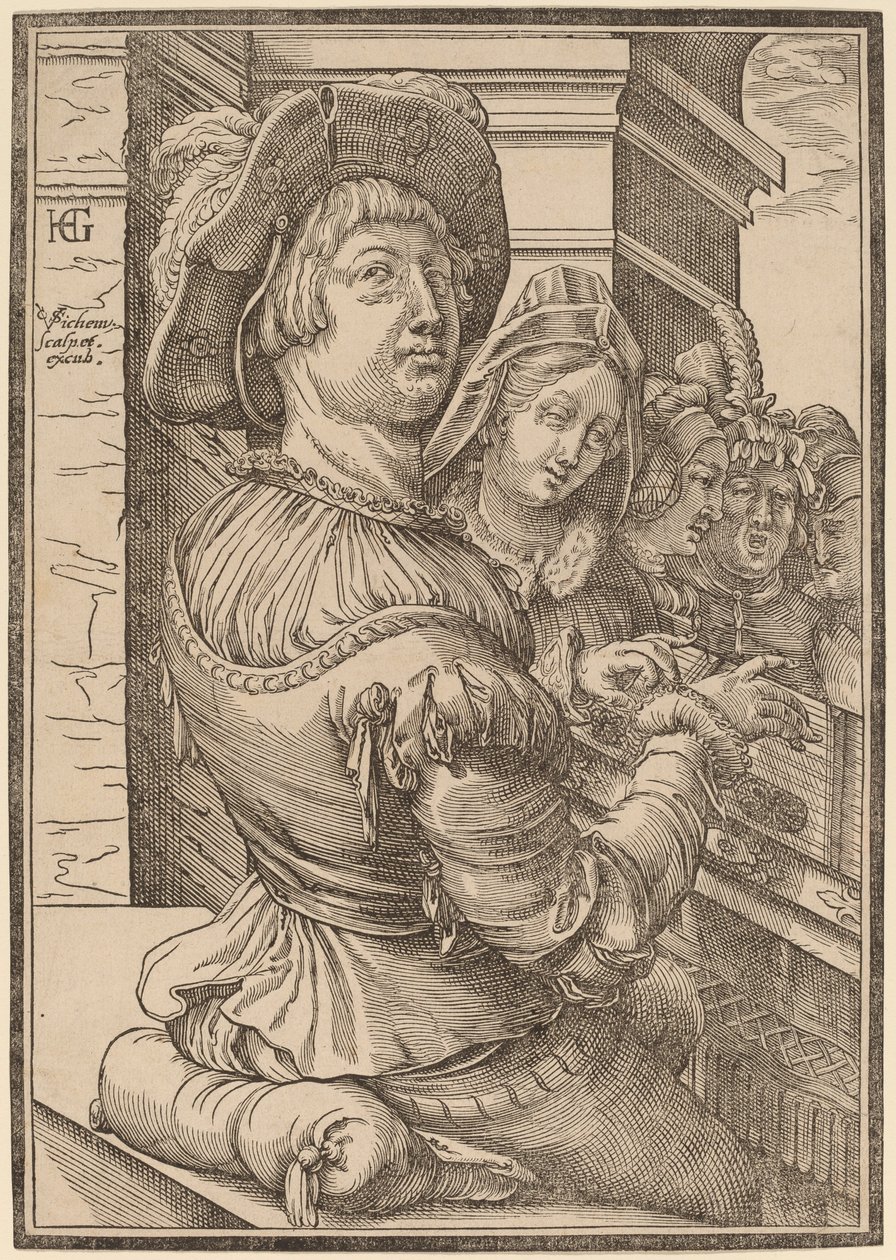 Ein junger Mann spielt ein Psalterium von Christoffel van Sichem I after Hendrik Goltzius