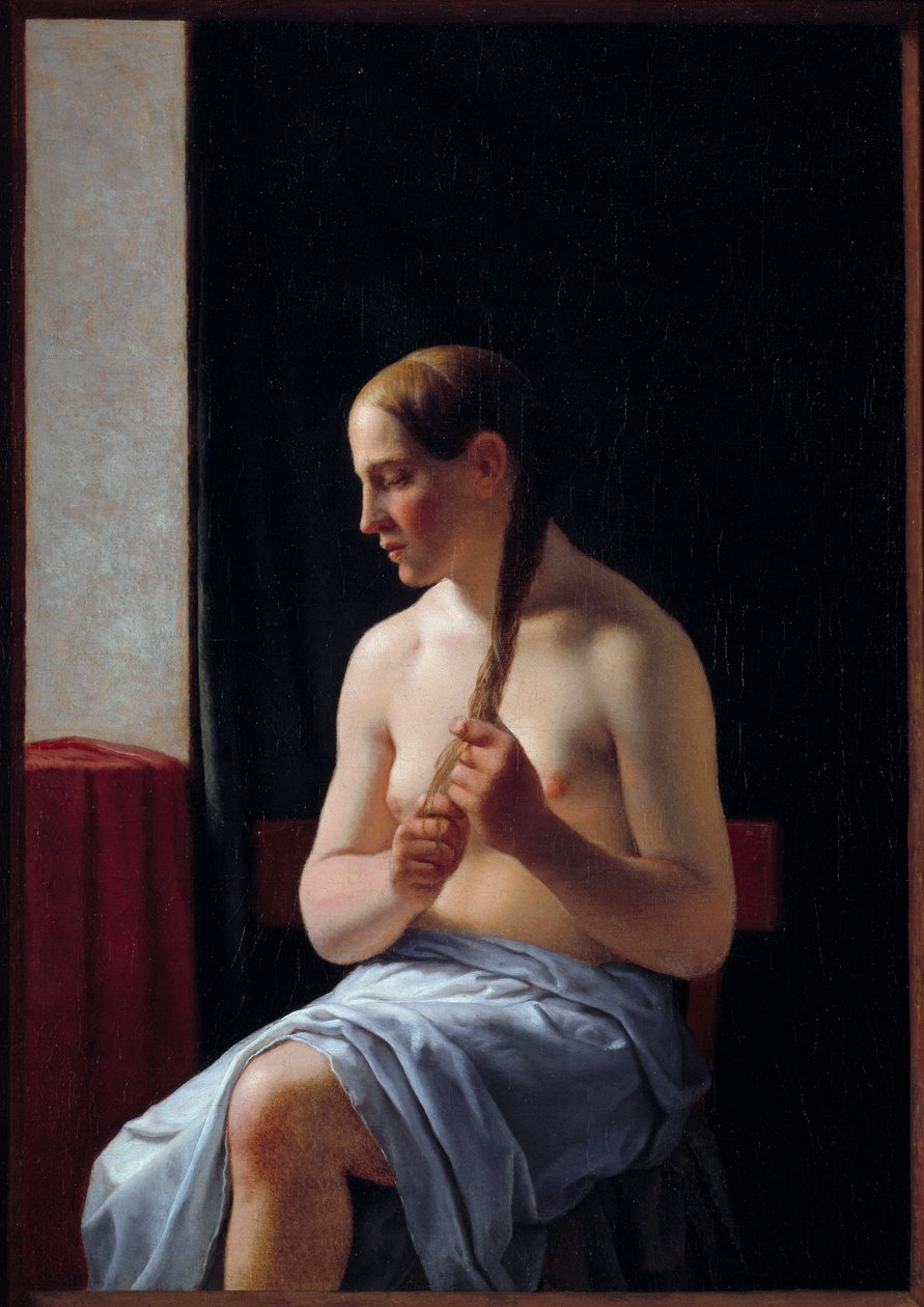 Aktmodell sitzend. Porträt einer Frau, die ihr Haar flechtet von Christoffer Wilhelm Eckersberg