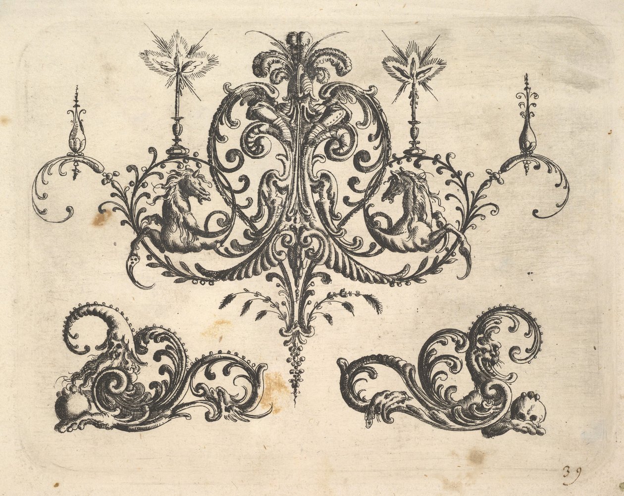 Ein fantastischer Kronleuchter mit brennenden Kerzen und Arabesken, einige enden in fantastischen Pferden, 1610 von Christoph Jamnitzer