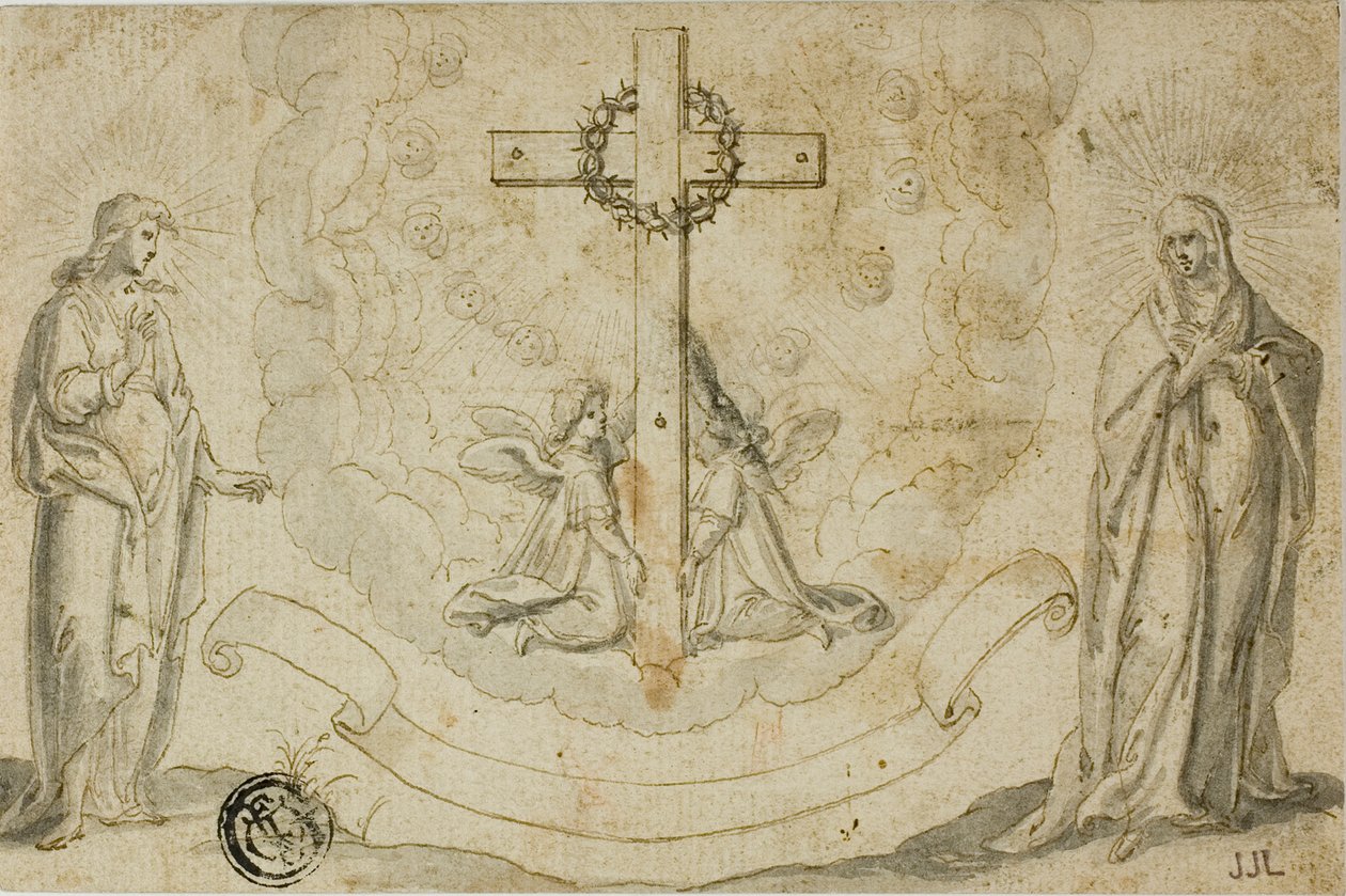 Jungfrau Maria und St. Johannes der Evangelist, die eine Vision des Kreuzes betrachten, gehalten von zwei Engeln von Christoph Schwarz