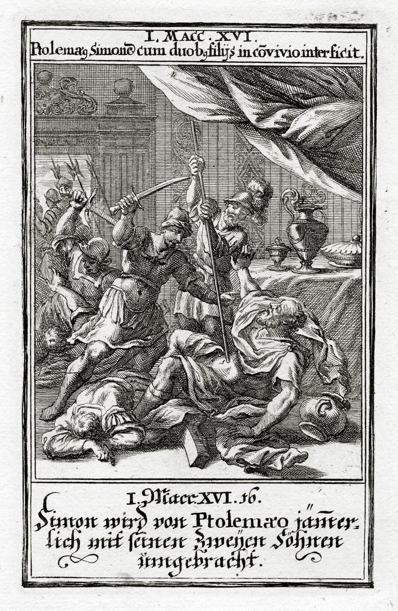 Simon und seine zwei Söhne werden von Ptolemäus getötet. 1 Makkabäer 14:16, 1695 von Christoph Weigel