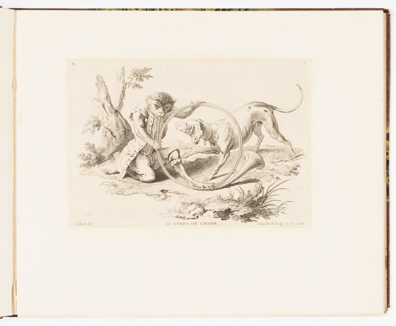 Tafel 2, Le Corps de Chasse (Das Jagdhorn), Singeries ou différentes actions de la vie humaine représentées par des singes (Affenkapriolen oder verschiedene Handlungen des menschlichen Lebens dargestellt von Affen) von Christophe Huet