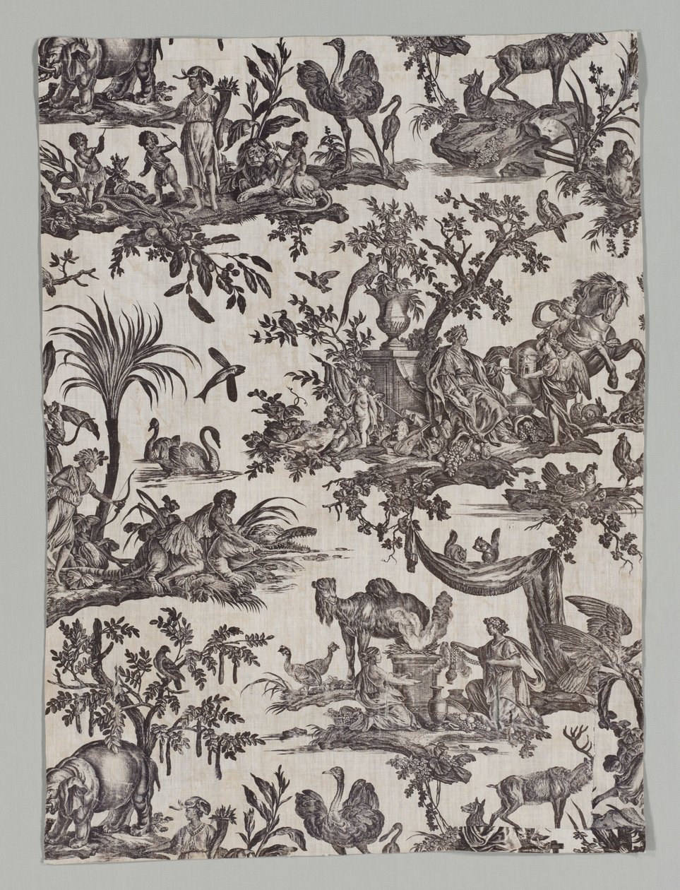Fragment eines Kupferplatten bedruckten Baumwollstoffs mit Les quatres parties du monde Design, 1788 von Christophe Philippe Oberkampf