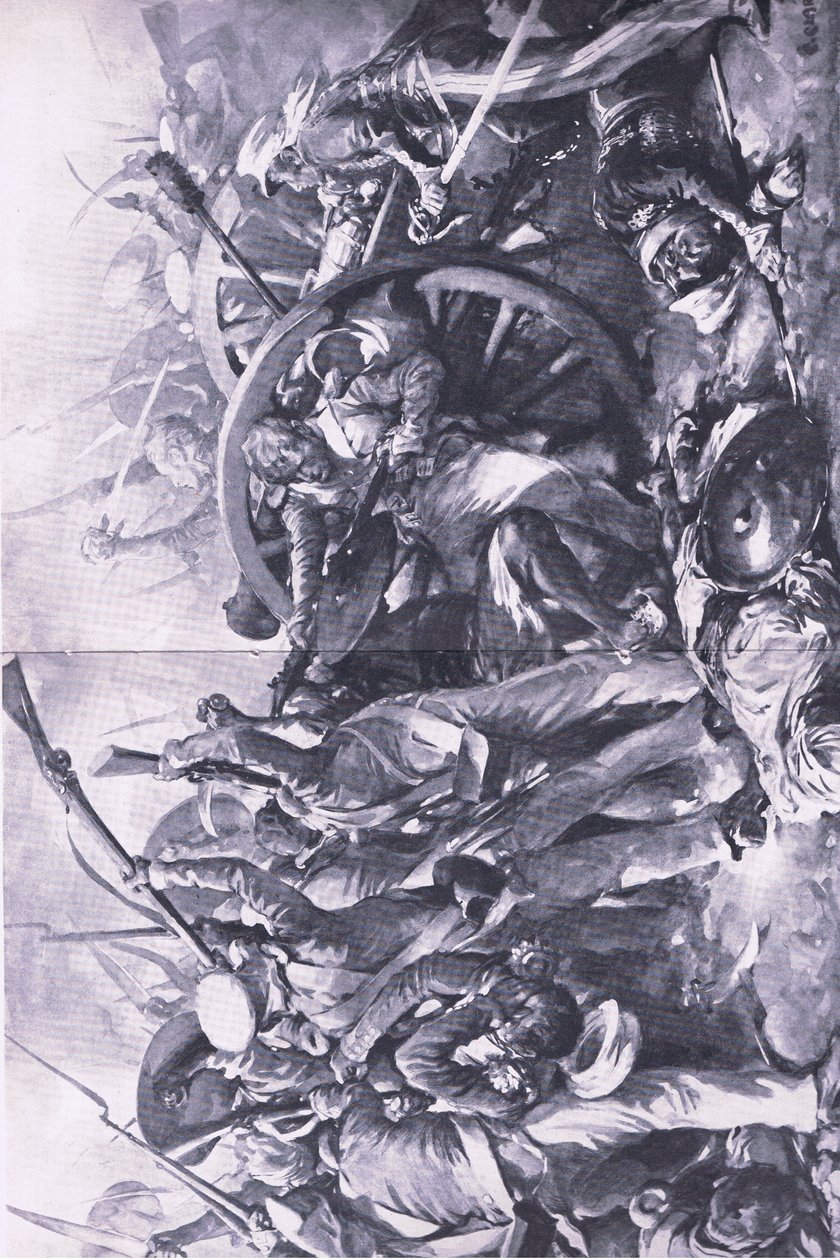 Die Schlacht von Meanee, 17. Februar 1843: Der Kampf an den Geschützen, Illustration aus British Battles on Land and Sea, 1915 von Christopher Clark