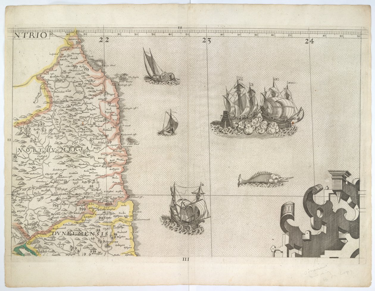 Northumbria und Nordostengland, aus Saxtons Wandkarte von 1583 von Christopher Saxton