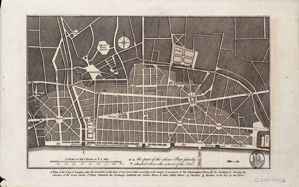 Plan der Stadt London nach dem Großen Brand von 1666 von Christopher Wren
