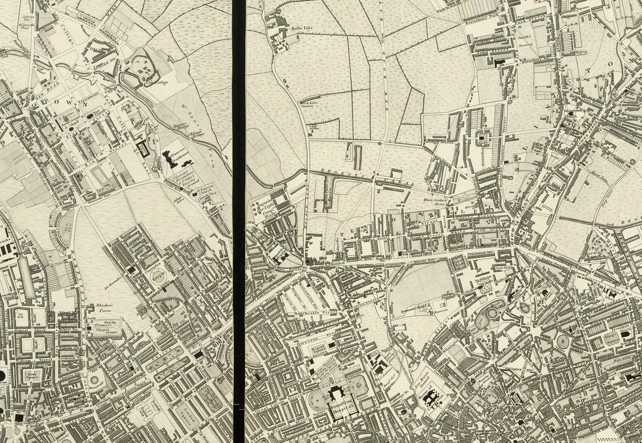Detail des Gebiets um Pentonville, aus der Karte von London, aus einer tatsächlichen Vermessung in den Jahren 1824 von Christopher and John (fl.1821 40) Greenwood
