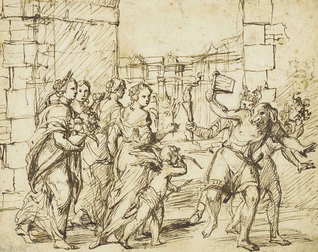 Das Lupercalianische Fest in Rom: Amor und Personifikationen der Fruchtbarkeit begegnen den Luperci, die als Hunde und Ziegen verkleidet sind von Circle of Adam Elsheimer