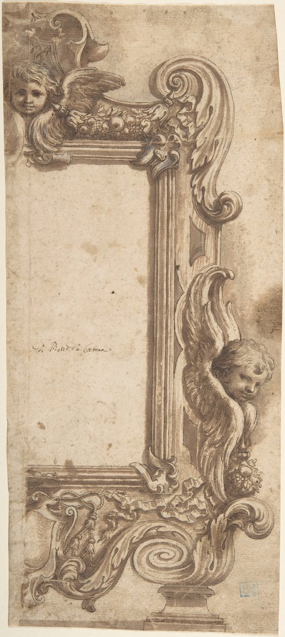 Entwurf für einen halben Rahmen, verziert mit Engeln, Voluten und Girlanden, 1634-89 von Ciro Ferri.