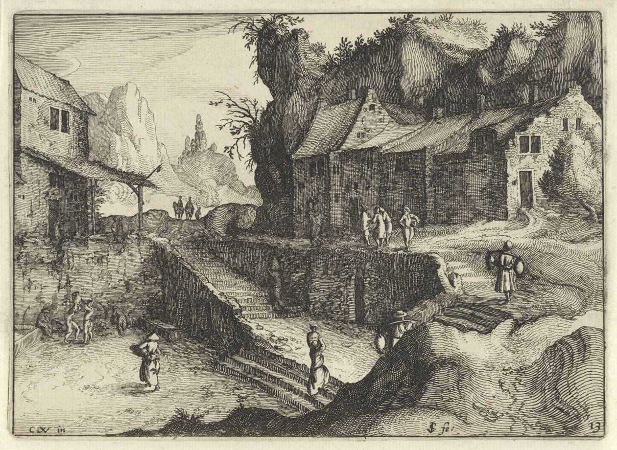 Bergdorf mit Häusern und Treppen von Claes Jansz. Visscher (II)