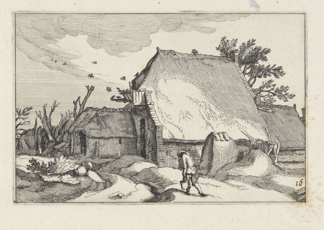Bauernhof und Mann mit zwei Eimern von Claes Jansz. Visscher (II)