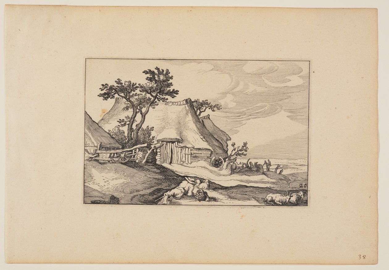 Scheunen, Ruhender Mann mit Eierkorb im Vordergrund, aus Landschaften (Verscheyden aerdige Lanthuysen...) von Claes Jansz. Visscher