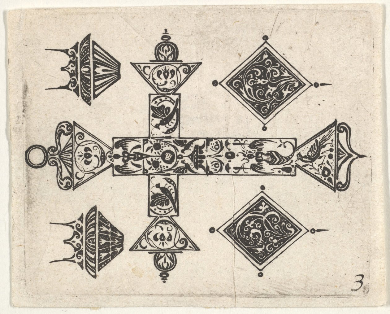 Schwarzarbeit-Druck mit einem lateinischen Kreuz und vier Motiven, ca. 1620 von Claes Jansz Visscher