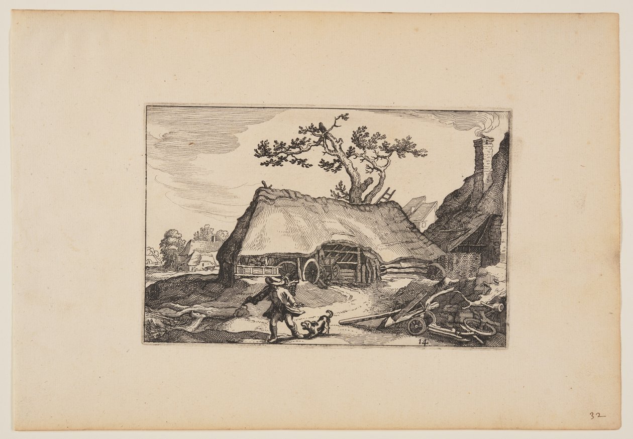 Bauernhof mit Schuppen für einen Wagen, Mann mit bellendem Hund, aus Landschaften von Claes Jansz. Visscher
