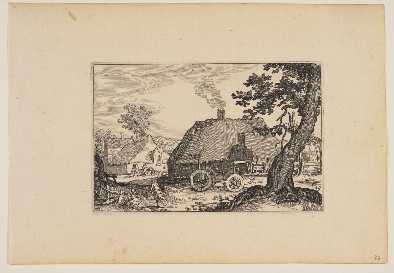 Bauernhöfe, Fahrgestell eines Wagens in der Mitte, aus Landschaften von Claes Jansz. Visscher