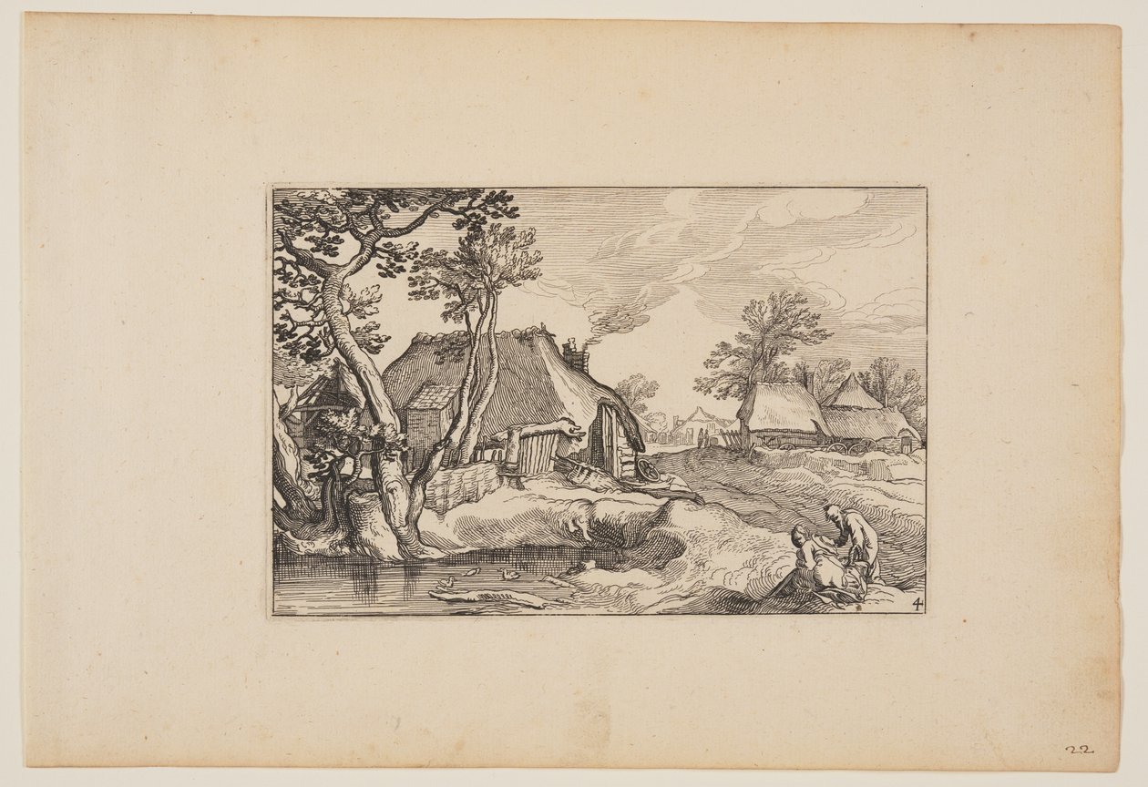 Alter Mann und Frau ruhen an einem Teich, aus Landschaften (Verscheyden aerdige Lanthuysen...) von Claes Jansz. Visscher