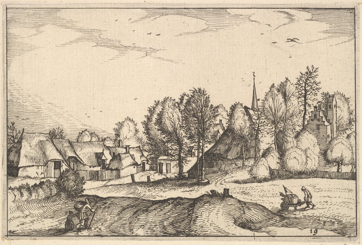 Straße in ein Dorf, Platte 19 aus Regiunculae et Villae Aliquot Ducatus Brabantiae, ca. 1610 von Claes Jansz Visscher