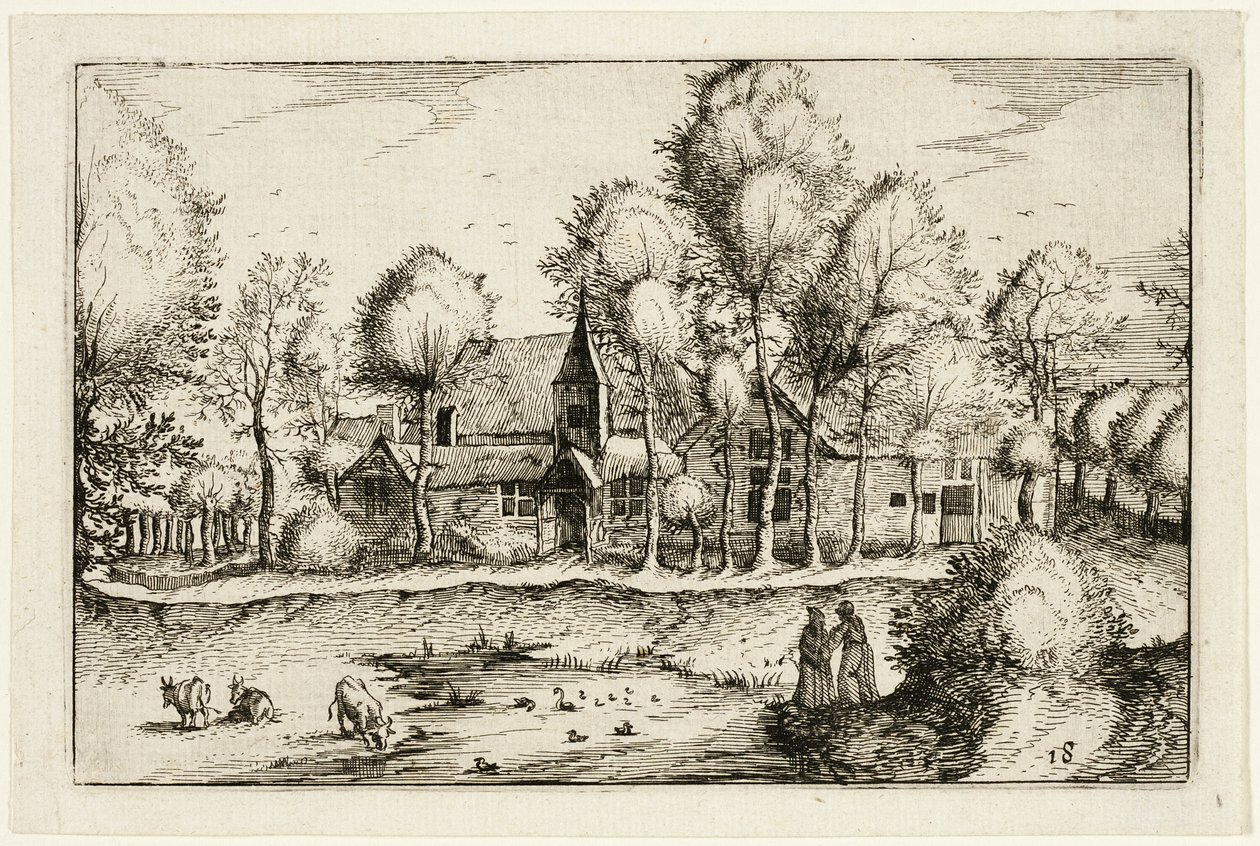 Ein Teich, Tafel achtzehn nach Bilder von Bauernhöfen, Landhäusern und rustikalen Dörfern (Praediorum villarum et rusticarum casularum icones) von Claes Jansz. Visscher II