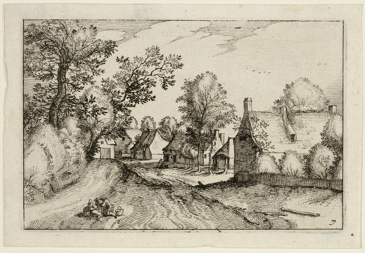 Ein Dorfweg, Platte sieben nach Bilder von Bauernhöfen, Landhäusern und rustikalen Dörfern (Praediorum villarum et rusticarum casularum icones) von Claes Jansz. Visscher II