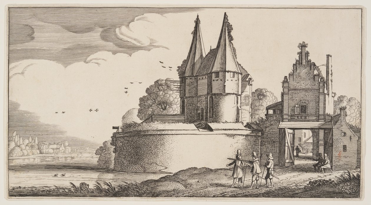 Bastion und Stadttor an einem Fluss, aus Landschaften (Playsante Lantschappen) von Claes Jansz. Visscher II