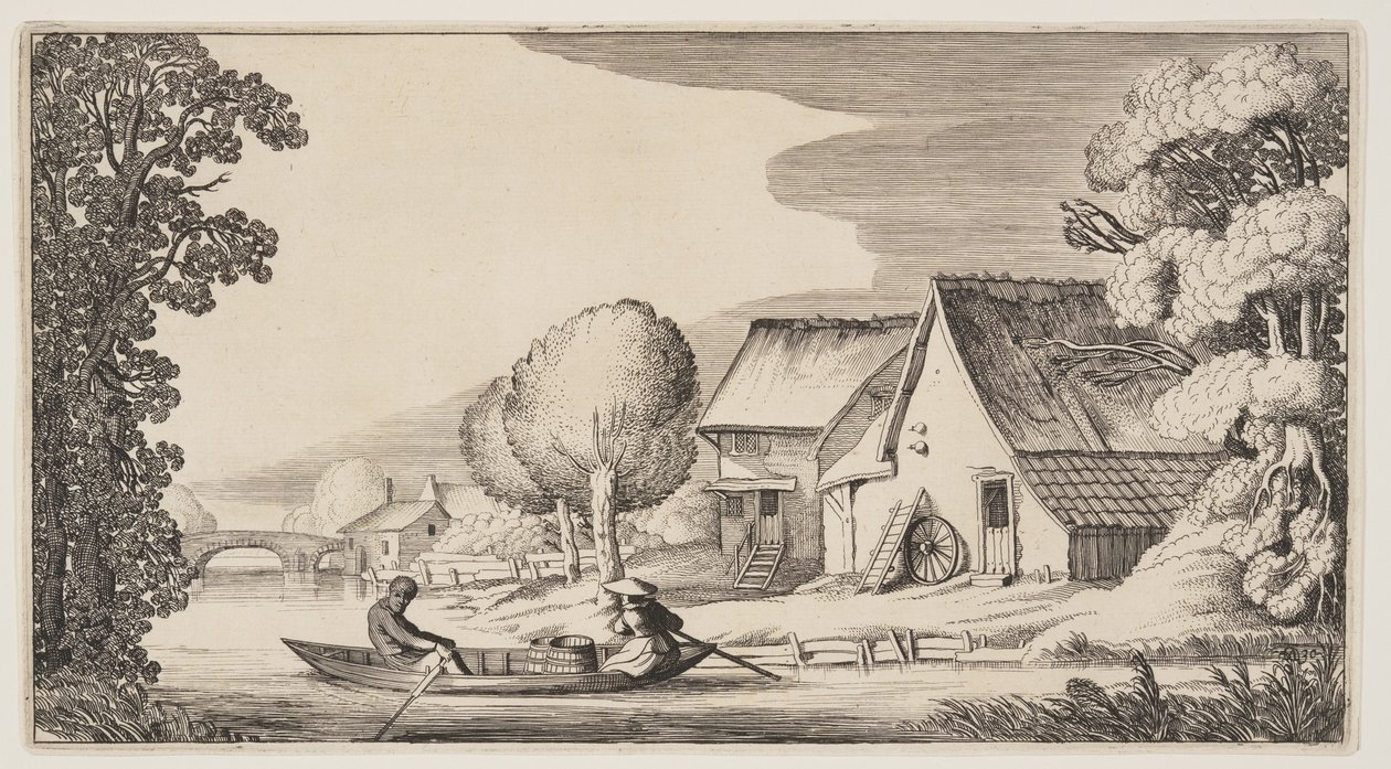 Bauer und Bäuerin in einem Ruderboot, aus Landschaften (Playsante Lantschappen) von Claes Jansz. Visscher II