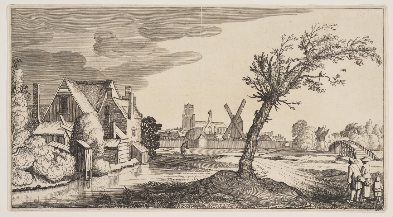 Haus an einem Teich außerhalb einer Stadt, aus Landschaften (Playsante Lantschappen) von Claes Jansz. Visscher II