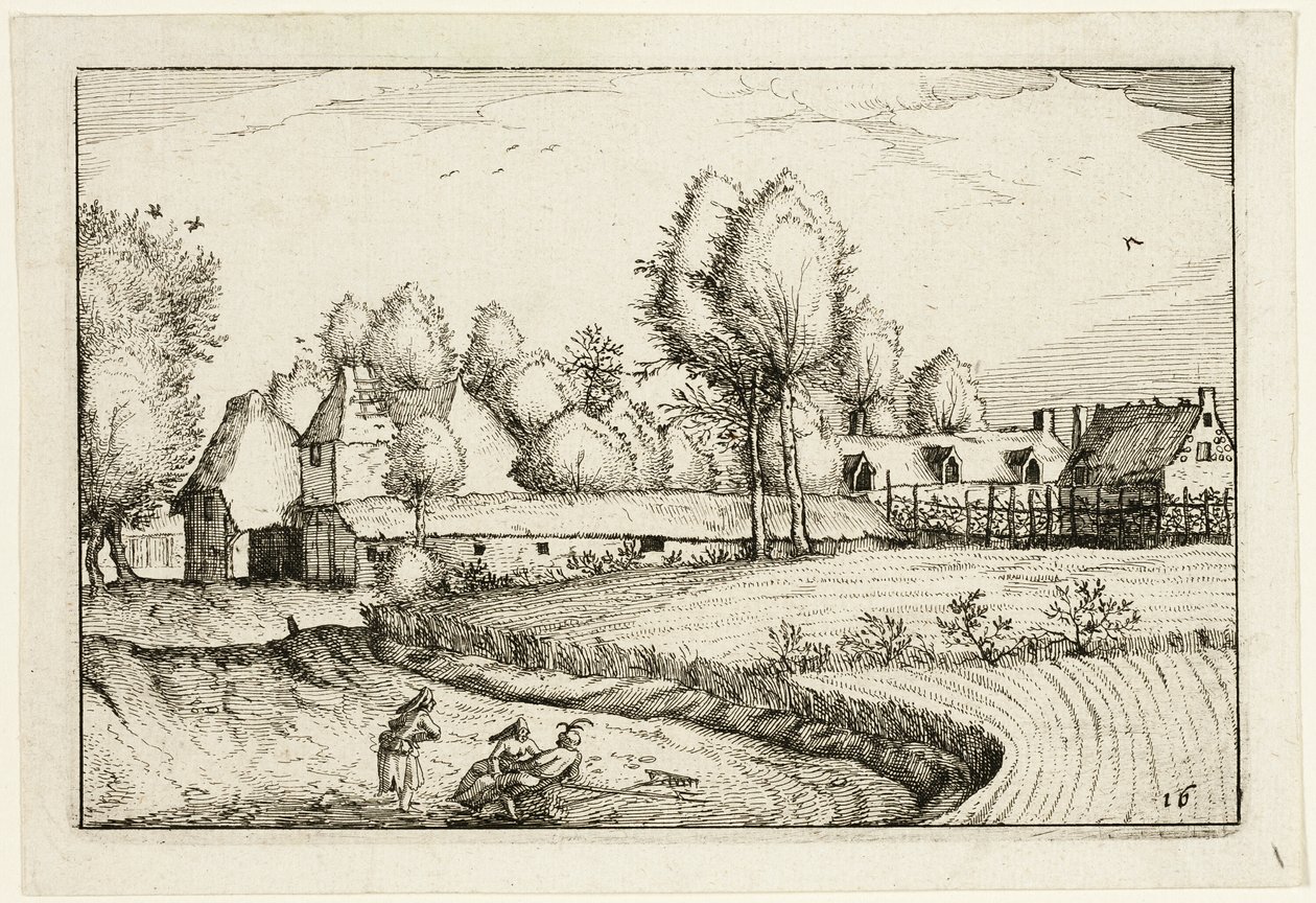 Straße entlang eines Feldes, Platte sechzehn nach Bilder von Bauernhöfen, Landhäusern und rustikalen Dörfern (Praediorum villarum et rusticarum casularum icones) von Claes Jansz. Visscher II