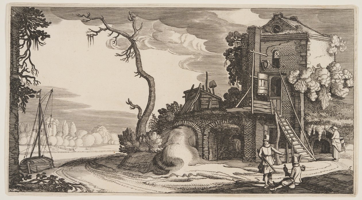 Quadratischer Turm als Gasthaus am Fluss, aus Landschaften (Playsante Lantschappen) von Claes Jansz. Visscher II