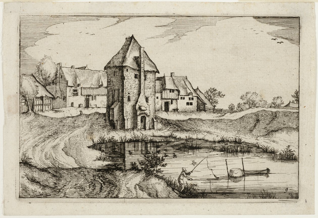 Der Teich, Platte neun nach Bilder von Bauernhöfen, Landhäusern und rustikalen Dörfern (Praediorum villarum et rusticarum casularum icones) von Claes Jansz. Visscher II