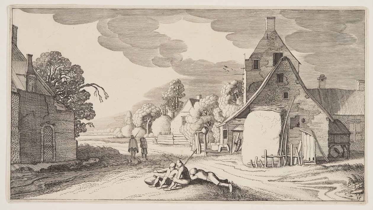 Drei Bauern ruhen an einer Kreuzung in einem Dorf, aus Landschaften (Playsante Lantschappen) von Claes Jansz. Visscher II