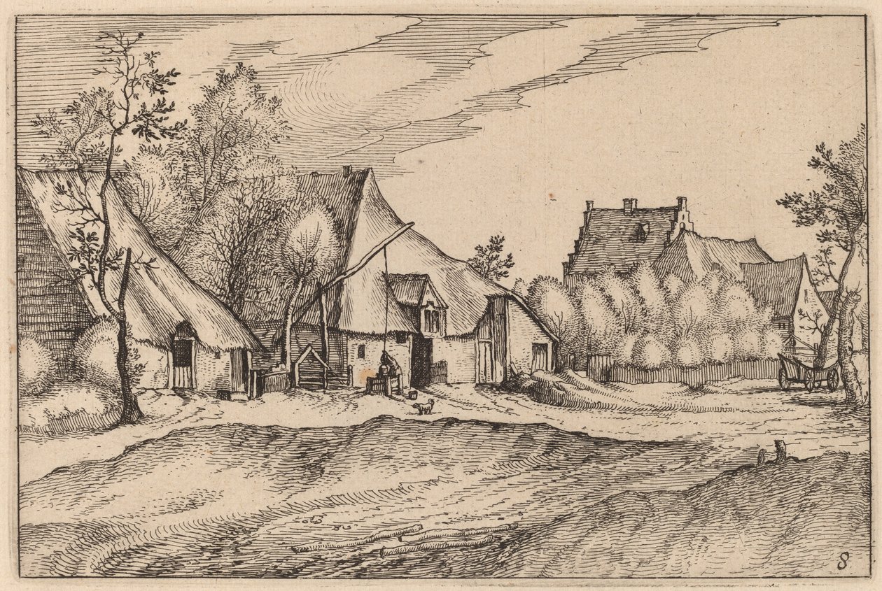 Bauernhöfe in einem Dorf von Claes Jansz Visscher after Johannes van Doetechum, the Elder after Lucas