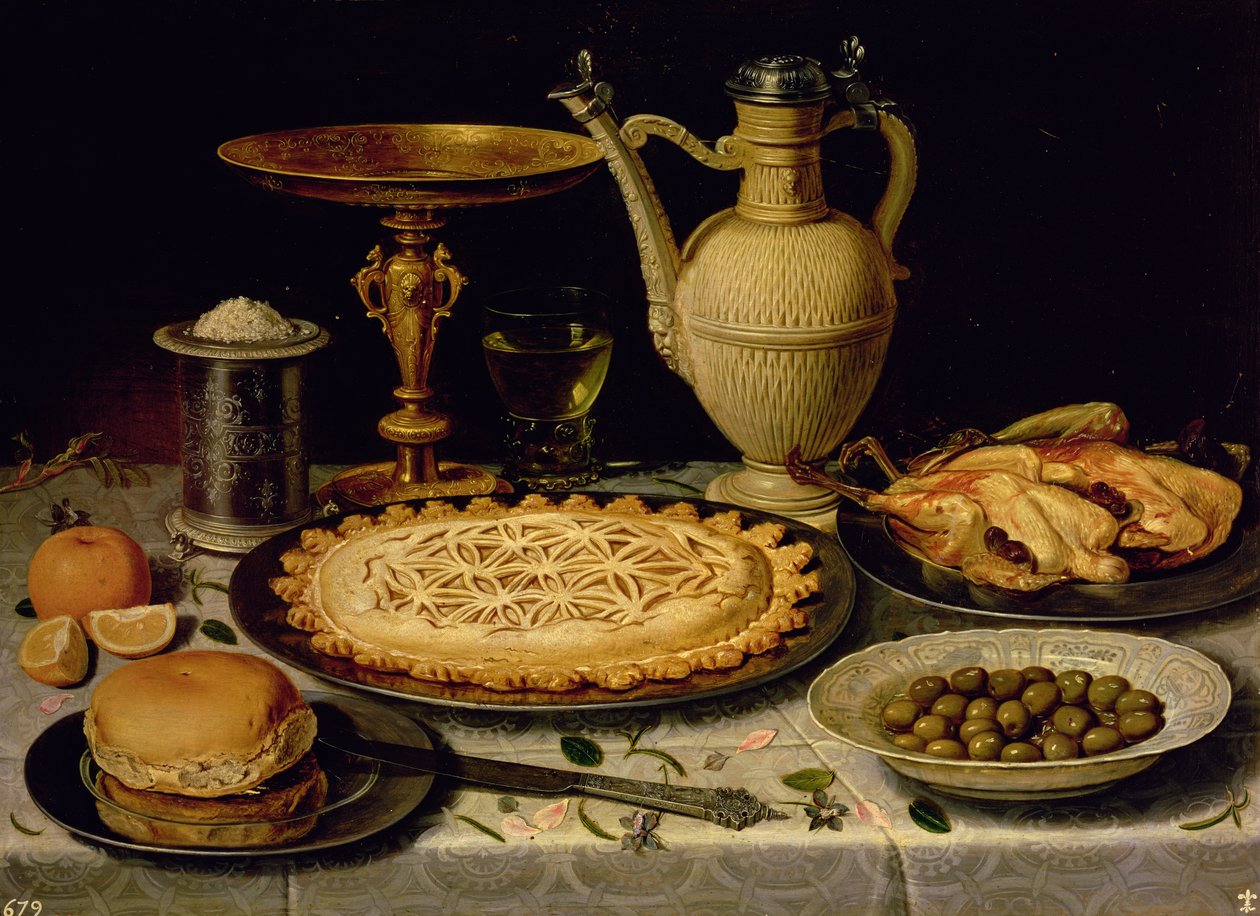 Stillleben mit einer Torte, Brathähnchen, Brot, Reis und Oliven von Charlotte Evans