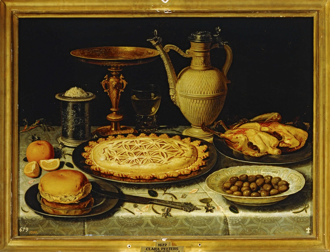 Stillleben - Mahlzeit mit gebratenem Huhn, Brot und Oliven von Clara Peeters