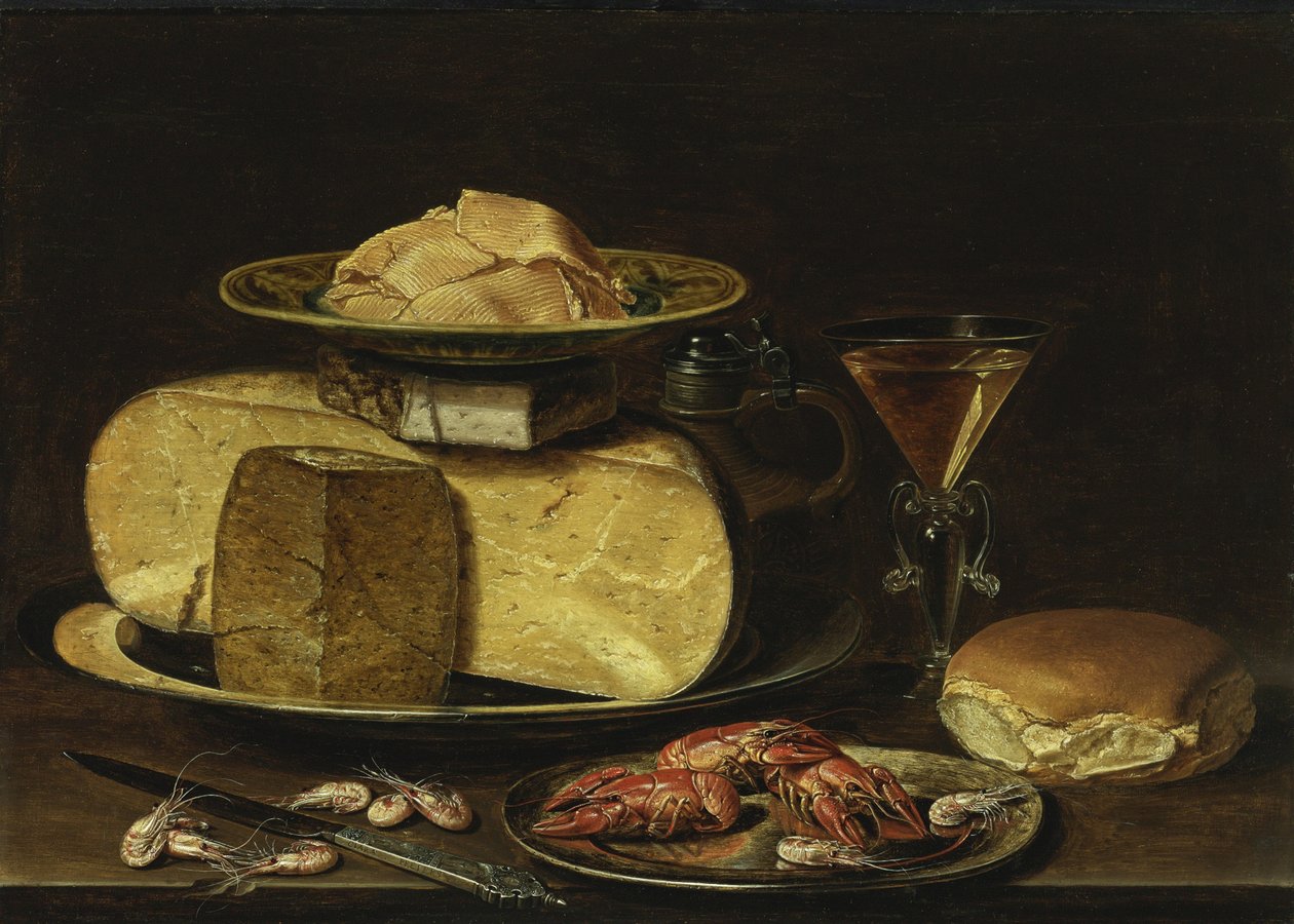 Stillleben mit Käse, Glas à la façon de Venise und Flusskrebs auf einem Zinnteller von Charlotte Evans