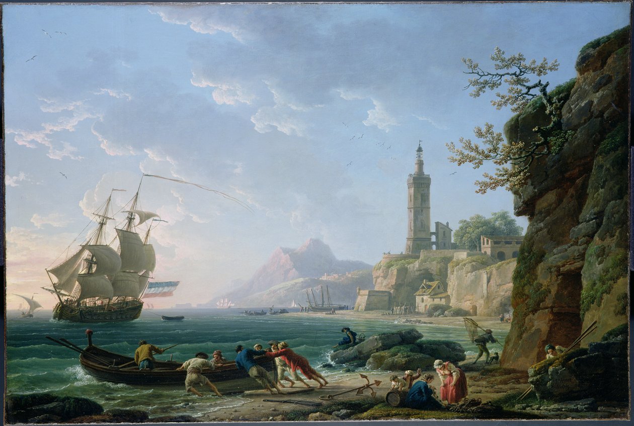 Claude-Joseph Vernet. Küstenlandschaft am Mittelmeer. Niederländisches Handelsschiff in einer Bucht. von Claude Joseph Vernet