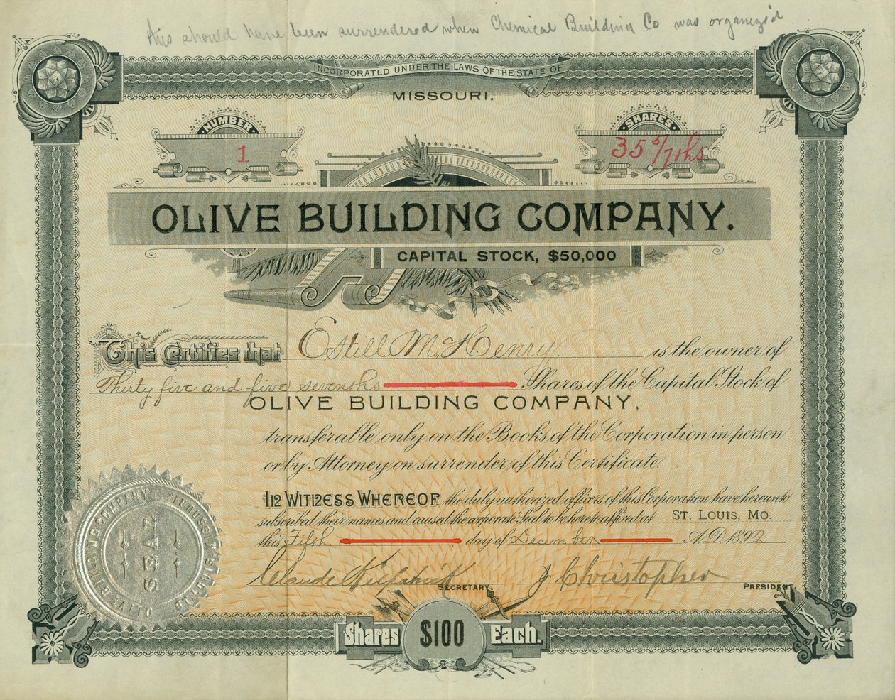 Aktienzertifikat der Olive Street Building Company, ausgestellt an Estill M. Henry, 5. Dezember 1892 von Claude Kirkpatrick